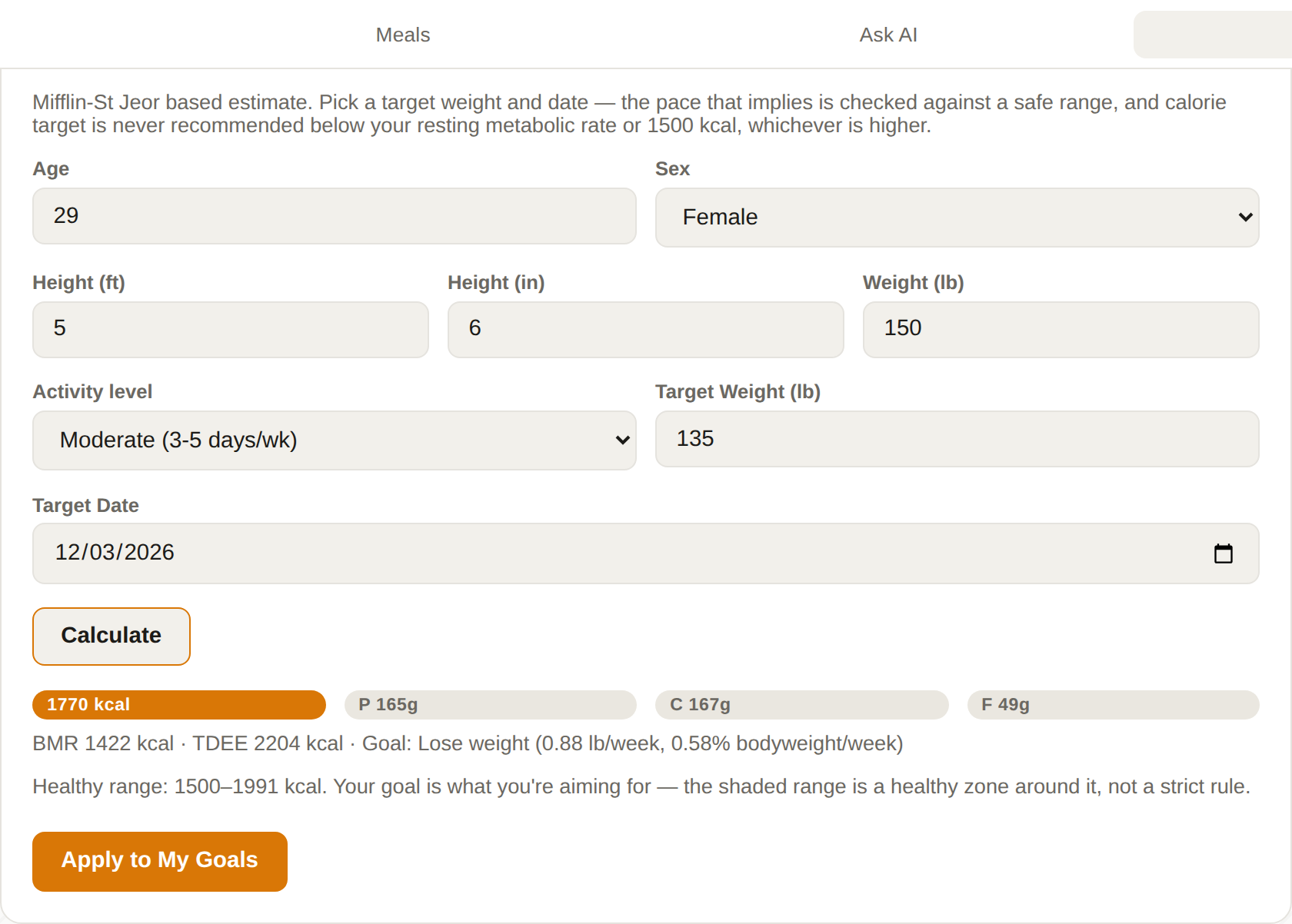 Plated goal calculator with a target weight, target date, and calculated calorie and macro targets