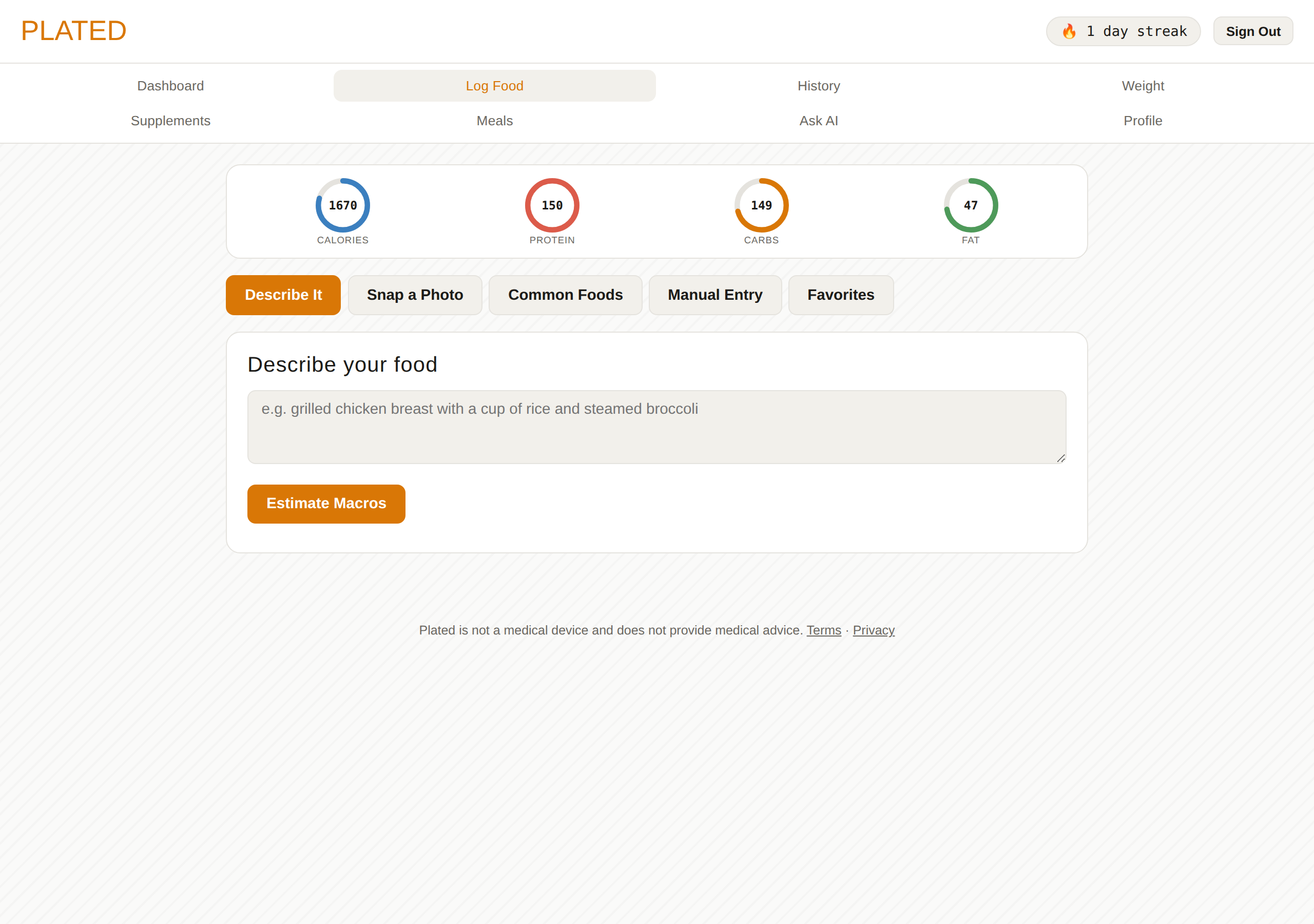 Plated AI food logging screen estimating macros from a text description